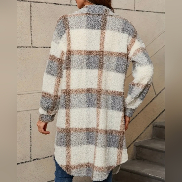 Plaid Pattern Button Front Fuzzy Shacket - Picture 3 of 5